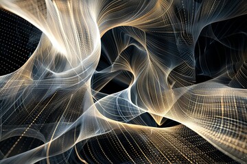 Fototapete - Golden and white wireframe forms intertwine and swirl against a black background. Generative AI
