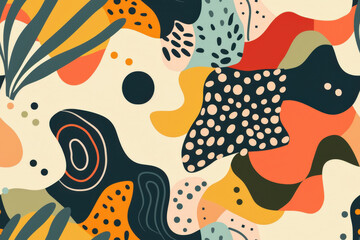 Poster - Seamless pattern with abstract organic shapes, wavy lines and dots in a modern and colorful style