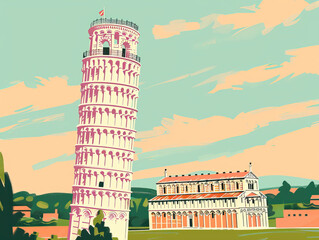 Risograph riso print travel poster, card, wallpaper or banner illustration, modern, isolated, clear and simple of Leaning Tower of Pisa, Pisa, Italy. Artistic, screen printing, stencil backdrop