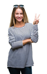 Sticker - Young beautiful blonde woman wearing sunglasses over isolated background smiling with happy face winking at the camera doing victory sign. Number two.