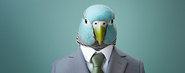 parakeet in a suit looking directly at the camera