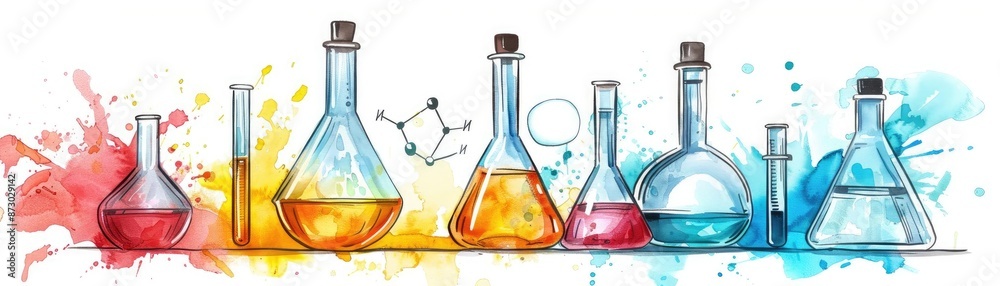 Colorful watercolor illustration of chemistry lab glassware on white ...