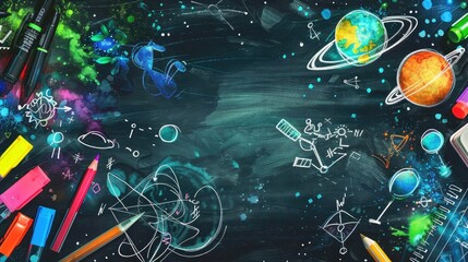 colorful back to school background with art supplies, planets, and doodles on a blackboard. space an
