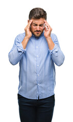 Canvas Print - Young handsome man over isolated background with hand on head for pain in head because stress. Suffering migraine.