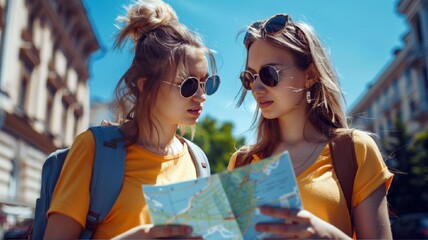 two young women looking at a map for a tourist destination during a traveling trip. Couple girlfriends  looking for direction in the city. Friends, travel and tourism concept.