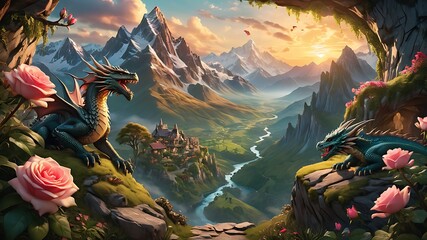 Wall Mural - Dragon on Mountains generated By AI  technology