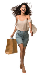 Wall Mural - PNG Happy Hispanic woman shopping and running laughing handbag shorts.