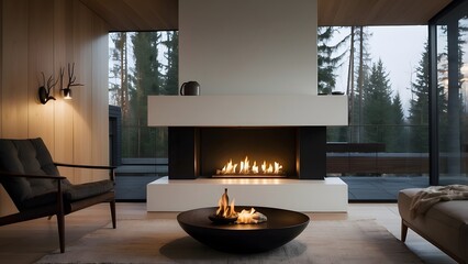 Modern minimalist fireplace exterior design, bright sunny day theme fireplace home decor exterior design with swimming pool