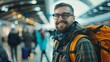 © Taras Vykhopen - A portrait of a happy young solo traveler with a backpack inside an airport terminal, representing the concept of embarking on a new adventure, with space for cop