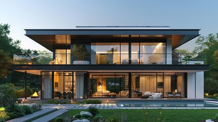 Wall Mural - Modern two-story house with large glass windows, clean lines, and a minimalist design, set against a clear blue sky, emphasizing contemporary architecture