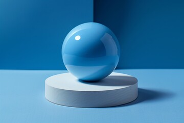 Poster - Blue Sphere on White Platform Against Blue Background