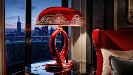 A gleaming, modern red table lamp, crafted from richly polished copper (4)