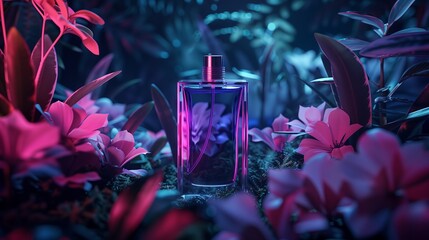 Wall Mural - A purple bottle of perfume surrounded by flowers on a dark background with glowing pink light effects.