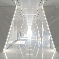 Wall Mural - Futuristic white hallway with geometric patterns and bright lighting, creating a clean and modern atmosphere, emphasizing symmetry and minimalism