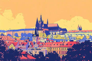 Wall Mural - Risograph riso print travel poster, card, wallpaper or banner illustration, modern, isolated, clear and simple of Prague Castle, Prague, Czech Republic. Artistic, screen printing, stencil backdrop bac
