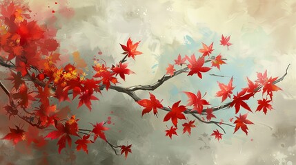 Wall Mural - Beautiful branch with maple leaves on isolated background