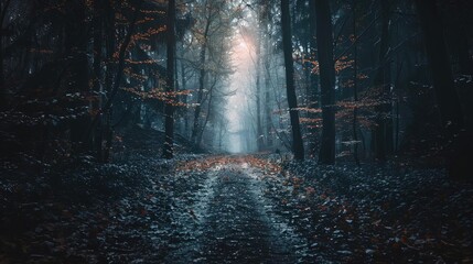 Poster - Mystical forest path shrouded in fog and soft light, leading through tall trees with fallen leaves, creating a serene and enchanting atmosphere.