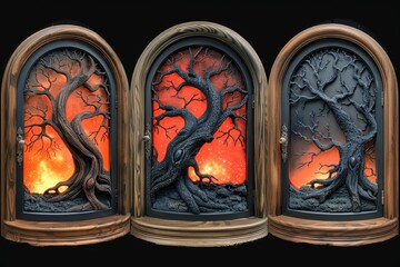 Three Wooden Cabinets With Arched Doors and Carved Tree Designs