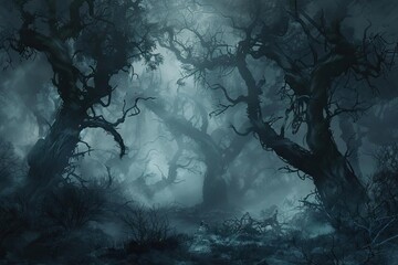 Aufkleber - A dark, eerie forest with twisted, leafless trees in a haunting, misty atmosphere, perfect for a spooky or Halloween-themed setting.