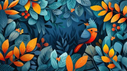 Wall Mural - A beautiful bird is sitting on a branch in the leaves. 