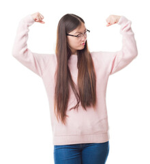 Wall Mural - Young Chinese woman over isolated background wearing glasses showing arms muscles smiling proud. Fitness concept.