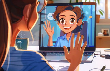 Wall Mural - 3D cartoon, a happy person sitting at a desk waving to a laptop screen with a male avatar in a blue shirt and tie on it