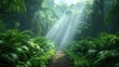 © Ai-Pixel - Sunlight streams through the dense foliage of a lush tropical rainforest, illuminating a serene path surrounded by verdant greenery and tall trees.