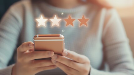 Woman using a smartphone giving a two-star rating with blurred background, concept of online review and feedback.