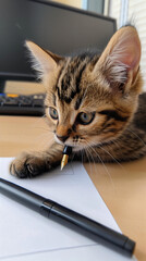 Wall Mural - A kitten is sitting on a desk and playing with a pen