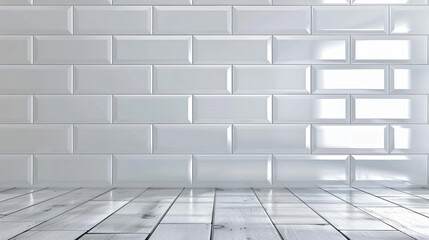 Poster - white subway tile wall background with copy space for product presentation, ultra realistic photography


