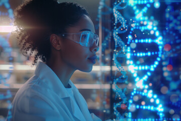 Scientist is working in a modern laboratory with a dna double helix structure in the foreground