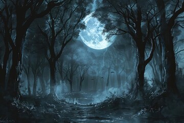 Poster - Eerie full moon illuminating a dark, misty forest with towering trees and silhouettes creating a spooky, mysterious atmosphere at night.