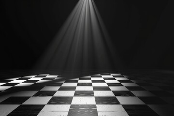 Poster - An image of a checkerboard pattern with metallic reflections under a spotlight. A 3D rendering