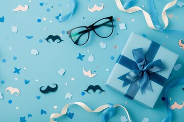 Blue background with gift tie glasses mustache and big hearts for Father's Day.