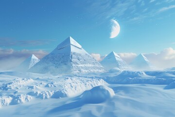 Wall Mural - three dimensional rendering of pyramids under a full moon in a starry night sky.