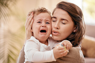 woman, baby and discomfort in crying for hunger, teething pain or fatigue for rest, colic or wet dia