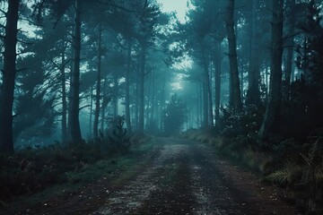 Aufkleber - A misty forest path surrounded by tall trees, creating a serene and mysterious atmosphere during twilight hour.