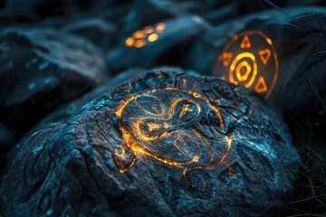 Mystical glowing symbols carved into rocks, illuminating the dark with an enchanting and mysterious ambiance.