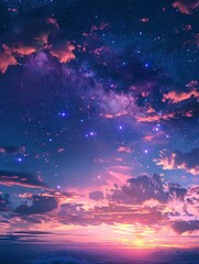 Wall Mural - A vibrant sunset with a starry sky merging into a pink and purple cloud-covered horizon.