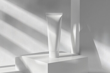 Fototapete - White mockup of facial cream tube on podium, soft shadow, light gray background, minimalist style, in the style of advertising photography, studio shot, close-up, high resolution


