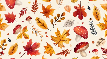 Poster - a pattern of autumn leaves and mushrooms on a white background