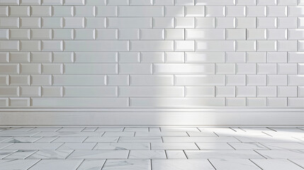 Poster - white subway tile wall background with copy space for product presentation, ultra realistic photography



