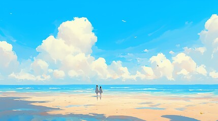 Wall Mural - Couple Walking on Sandy Beach Under a Clear Blue Sky