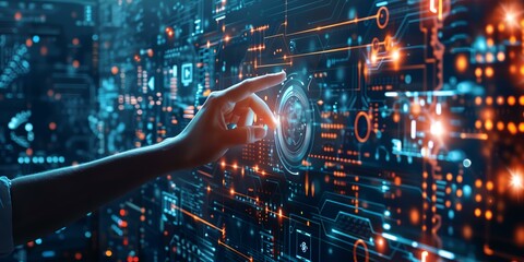 Fototapete - A hand is pointing at a computer screen with a lot of orange and blue lights. Concept of technology and innovation, as well as the idea of human interaction with machines