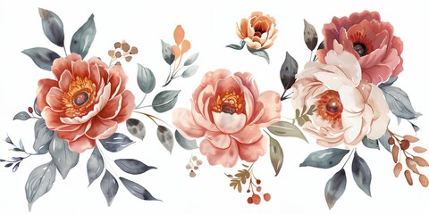 Wall Mural - A series of peony flowers with green leaves and pink petals, watercolor on white background