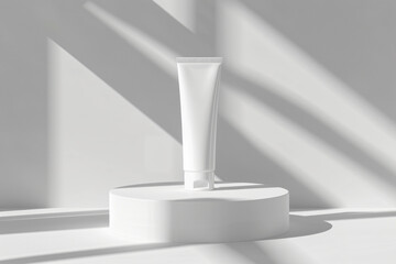 Poster - White mockup of facial cream tube on podium, soft shadow, light gray background, minimalist style, in the style of advertising photography, studio shot, close-up, high resolution


