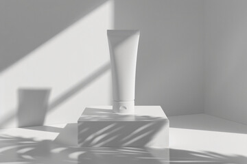 Fototapete - White mockup of facial cream tube on podium, soft shadow, light gray background, minimalist style, in the style of advertising photography, studio shot, close-up, high resolution


