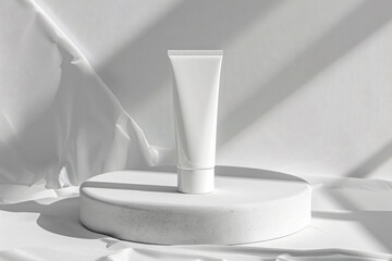 Poster - White mockup of facial cream tube on podium, soft shadow, light gray background, minimalist style, in the style of advertising photography, studio shot, close-up, high resolution


