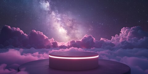 Wall Mural - a glowing, purple cloud-filled sky with a glowing, pink, circular structure in the middle
