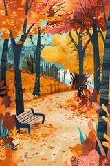 Wall Mural - A painting of a forest with a bench and a path. The mood of the painting is peaceful and serene